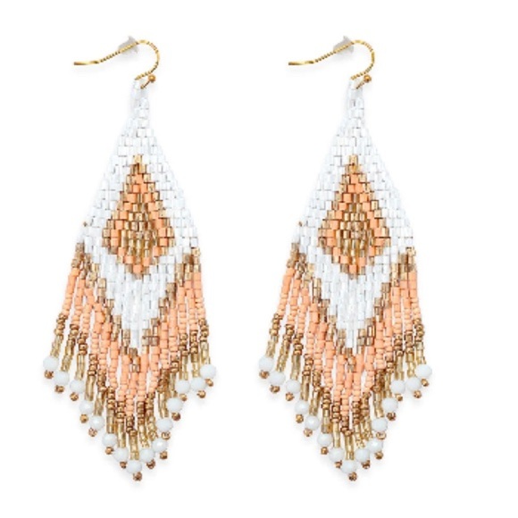 💕Spring New Coral Orange Gold White Beaded tassel boho western tribal earrings - Picture 3 of 3